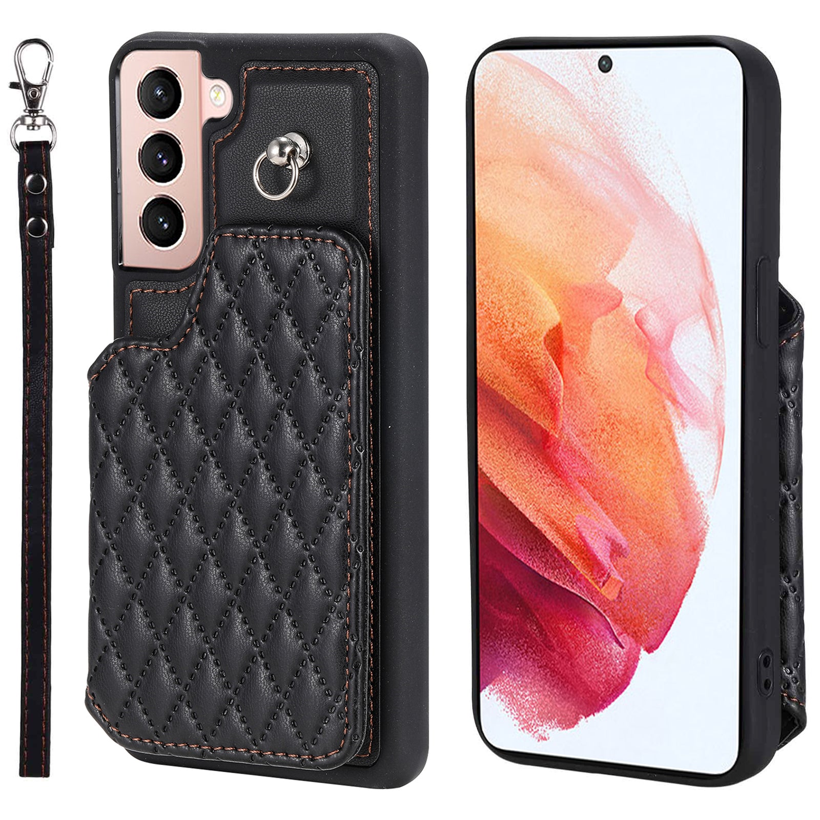 Style 008 For Samsung Galaxy S21 4G 5G Kickstand Case RFID Blocking PU Leather TPU Phone Shell with Card Slots and Wrist Strap Style 008 For Samsung Galaxy S21 4G 5G Kickstand Case RFID Blocking PU Leather TPU Phone Shell with Card Slots and Wrist Strap